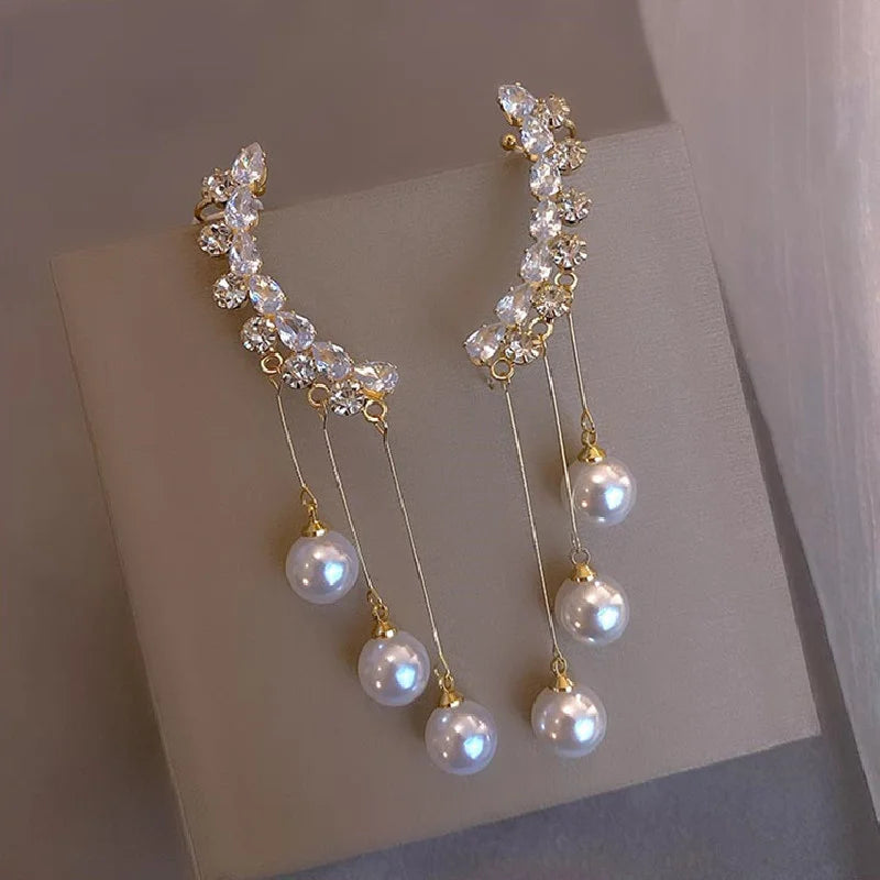 2023 New Classic Elegant Imitation Double Pearl Dangle Earrings For Women Crystal