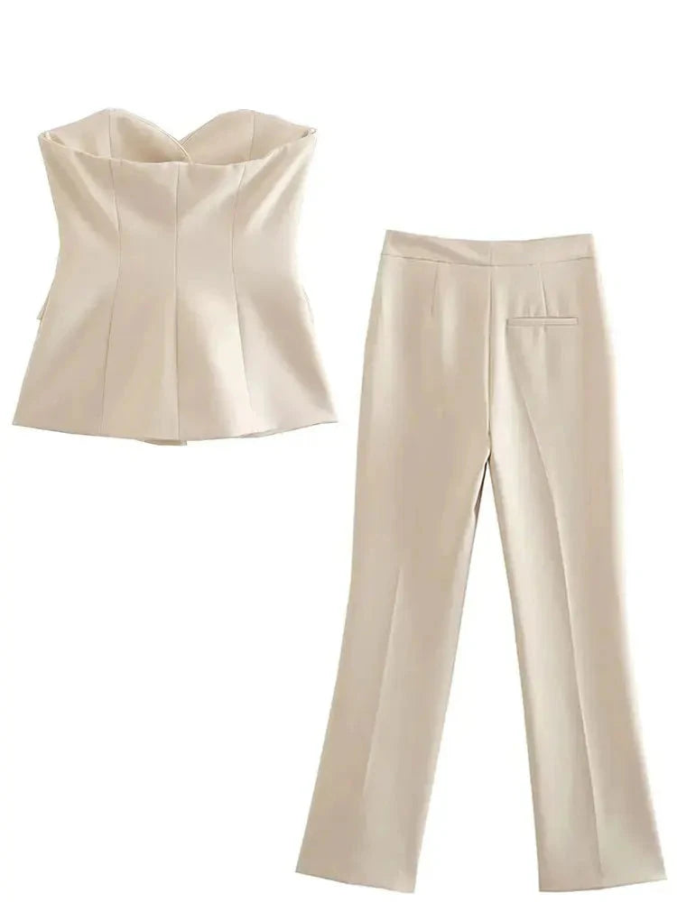 Women Elegant Solid Pant Suit Front Button