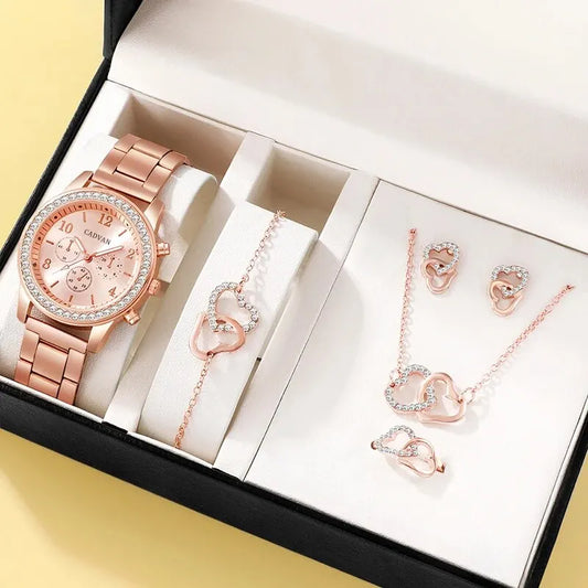 6PCS Set Rose Gold Luxury Watch Women Ring Necklace Earring Rhinestone Fashion Wristwatch Casual Ladies