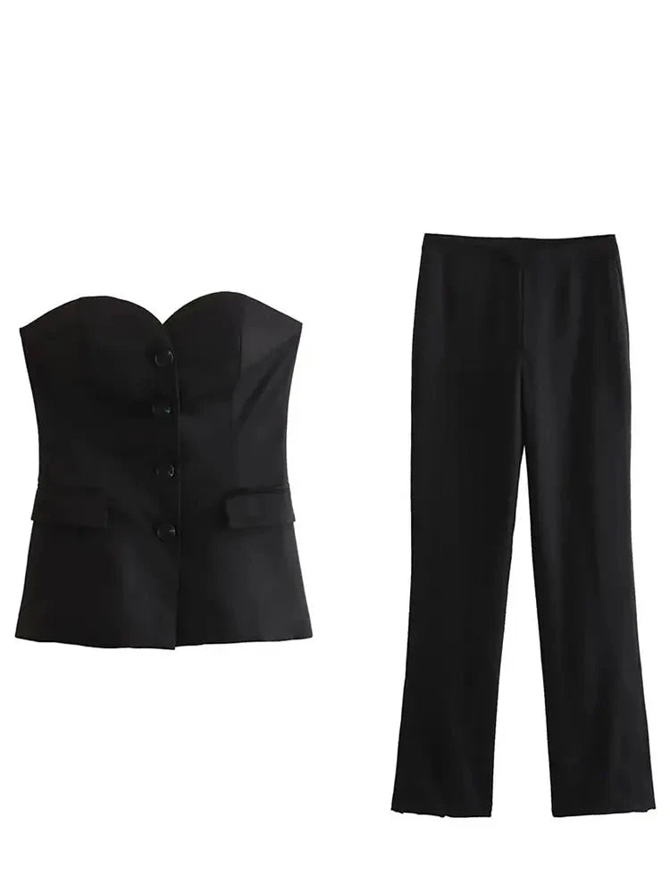 Women Elegant Solid Pant Suit Front Button