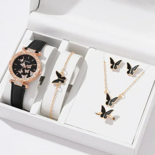 6/1pcs Set Women Watch Ring Necklace Earrings Bracelet Set Watches Butterfly Leather Strap Ladies Quartz WristWatch