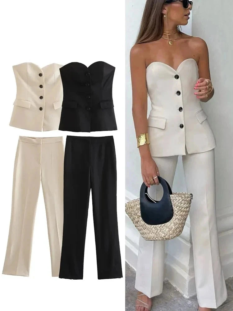 Women Elegant Solid Pant Suit Front Button