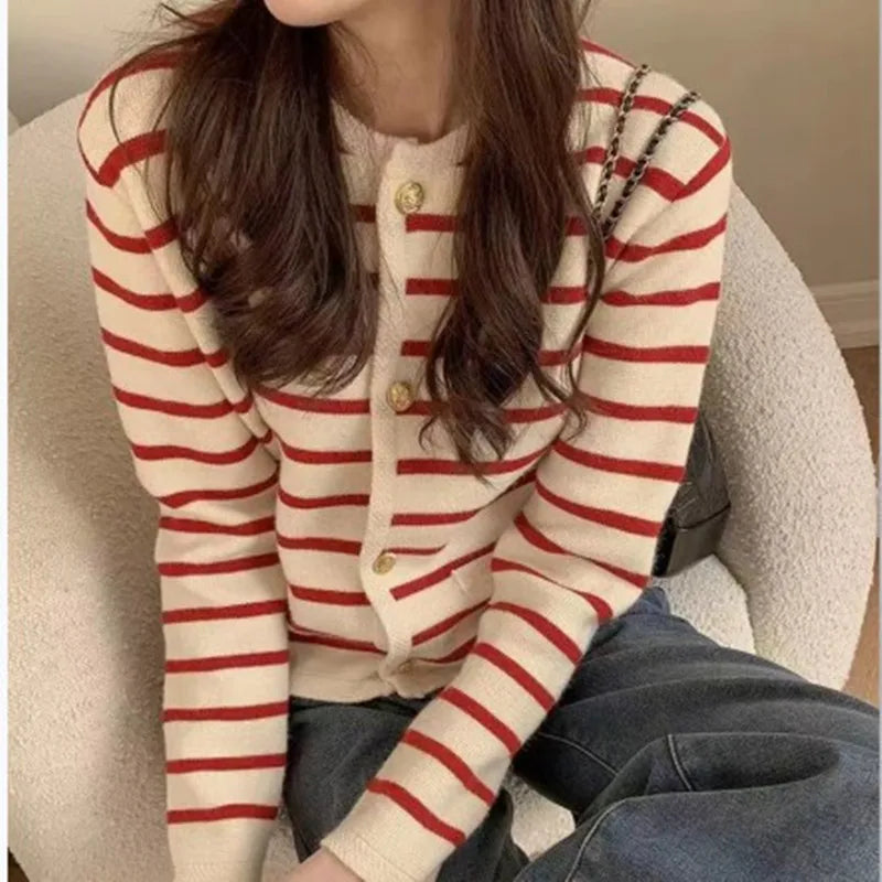 Women Stripe Knitted Cardigans Spring Autumn O-neck Single