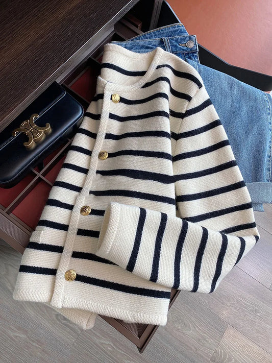 Women Stripe Knitted Cardigans Spring Autumn O-neck Single