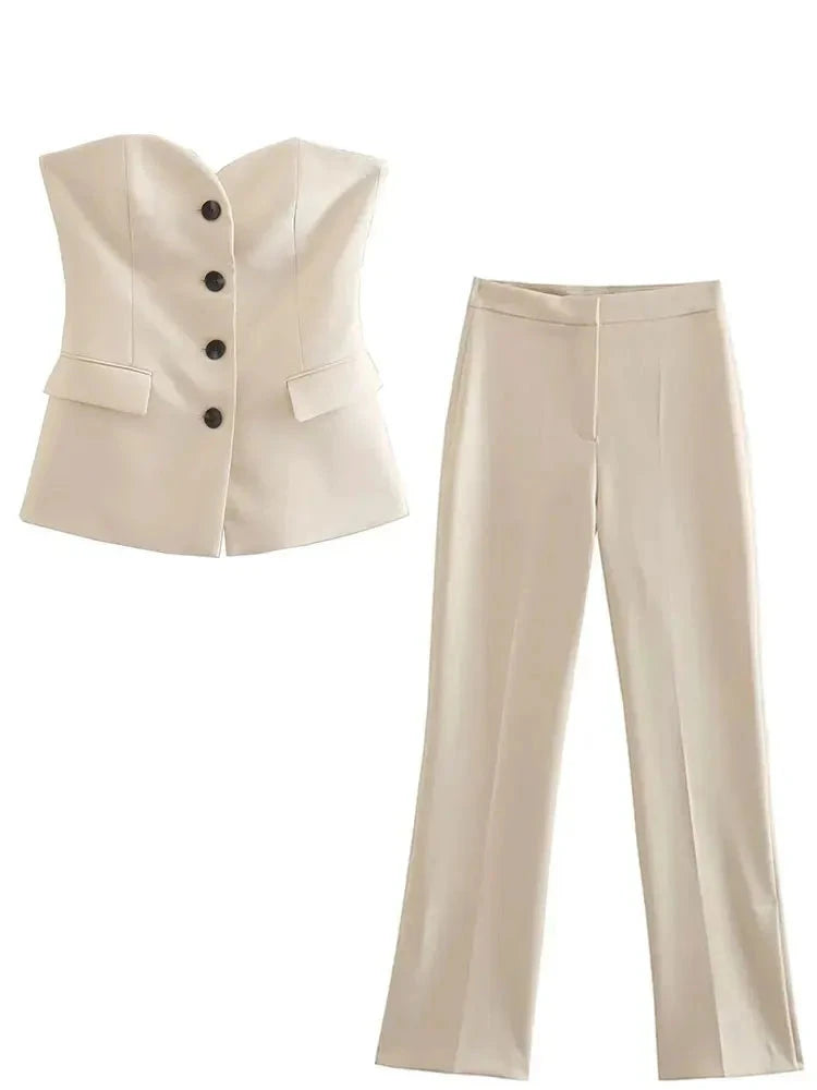 Women Elegant Solid Pant Suit Front Button