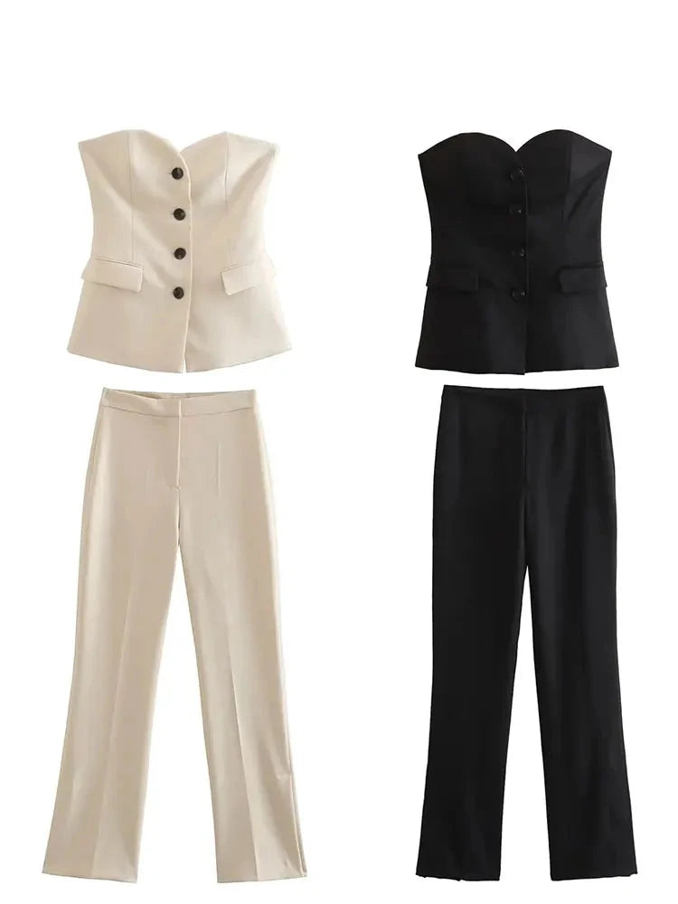 Women Elegant Solid Pant Suit Front Button